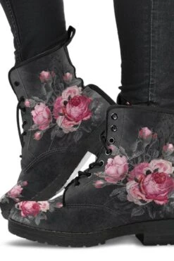 Victorian Pink Roses On Grey, Vegan Women's Boots, FREE Shipping