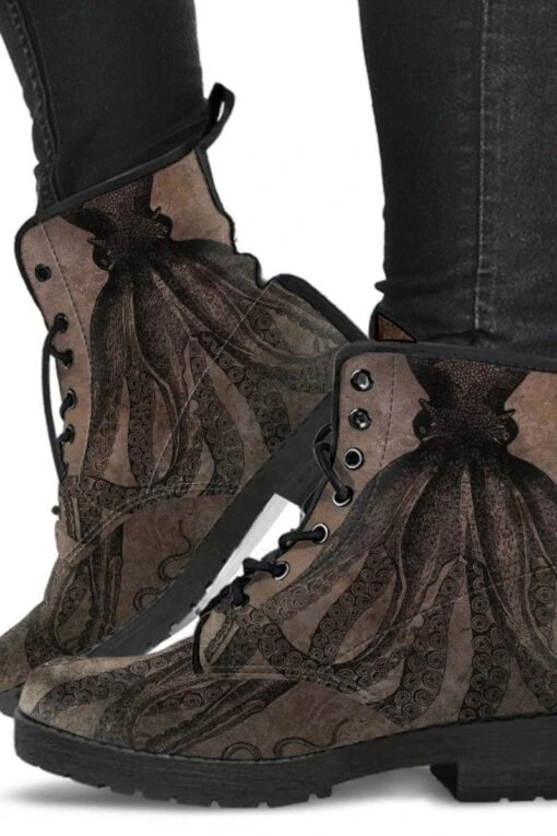 Straight Up Kraken On Chocolate, Vegan Women's Boots, FREE Shipping