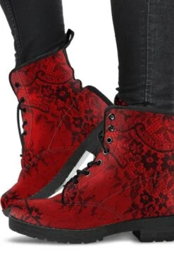 Red + Black Gothic Lace Print Vegan Boots, FREE Shipping