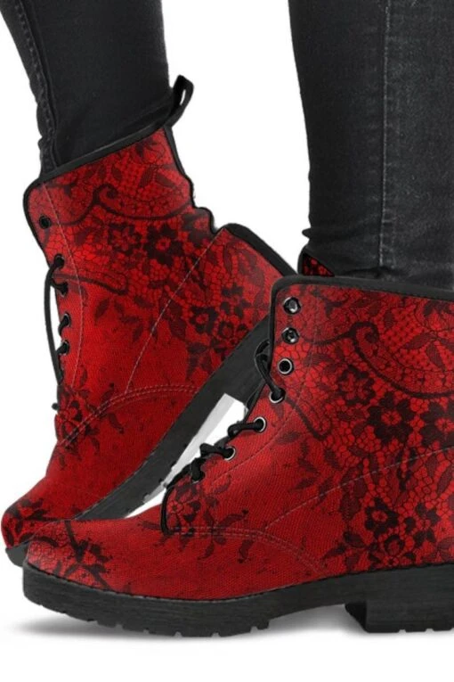 Red + Black Gothic Lace Print Vegan Boots, FREE Shipping