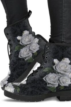 Gothic White Roses Vegan Boots, FREE Shipping