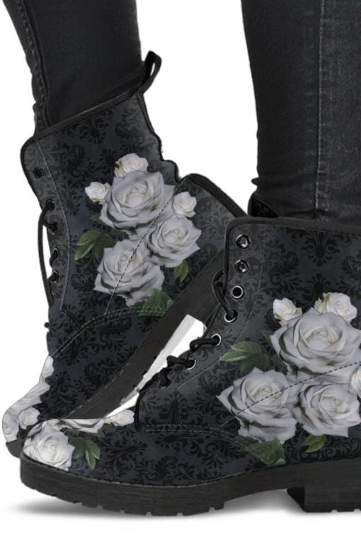 Gothic White Roses Vegan Boots, FREE Shipping