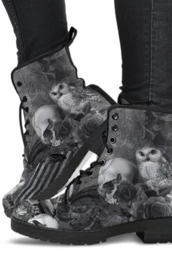 Raven Owl Skull Goth Boots, Vegan Women's Boots, FREE Shipping