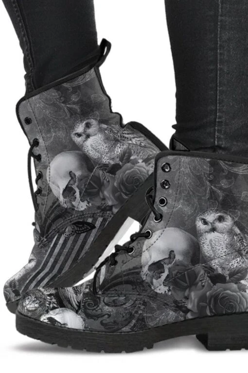 Raven Owl Skull Goth Boots, Vegan Women's Boots, FREE Shipping