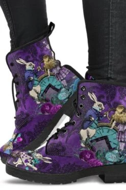Alice In Wonderland Purple Damask Vegan Women's Boots, FREE Shipping