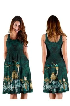 Alice In Wonderland Green Dress - Alice Dress With Pockets -Vintage Veil Clothing Store DR5AliceinWonderlandgreenmididress