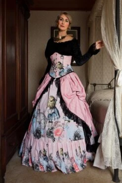 Alice In Wonderland Pink & Black Victorian Corset Gown -Vintage Veil Clothing Store LINNETSilviaPinkAliceinWonderlandunderbustcorsetgown2