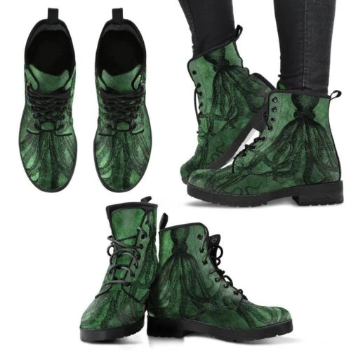 Straight Up Kraken On Green, Vegan Women's Boots, FREE Shipping - Image 2