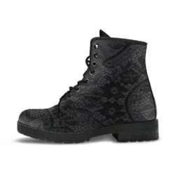 Black Gothic Lace On Grey Vegan Women's Boots, FREE Shipping -Vintage Veil Clothing Store REG81