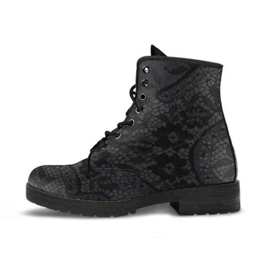 Black Gothic Lace On Grey Vegan Women's Boots, FREE Shipping - Image 4