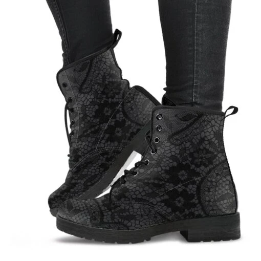 Black Gothic Lace On Grey Vegan Women's Boots, FREE Shipping - Image 3