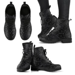 Black Gothic Lace On Grey Vegan Women's Boots, FREE Shipping -Vintage Veil Clothing Store REG813