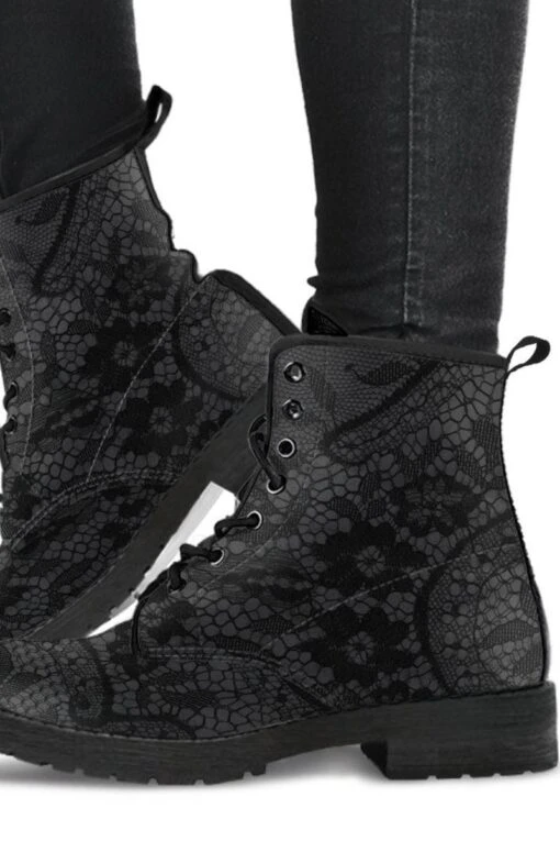 Black Gothic Lace On Grey Vegan Women's Boots, FREE Shipping