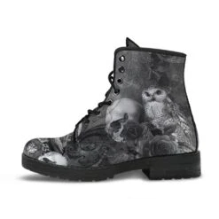 Raven Owl Skull Goth Boots, Vegan Women's Boots, FREE Shipping -Vintage Veil Clothing Store REG88GothicRavenSkullOwlbootsgrey