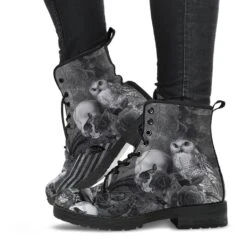 Raven Owl Skull Goth Boots, Vegan Women's Boots, FREE Shipping -Vintage Veil Clothing Store REG88GothicRavenSkullOwlbootsgrey1