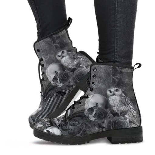 Raven Owl Skull Goth Boots, Vegan Women's Boots, FREE Shipping - Image 3