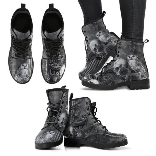 Raven Owl Skull Goth Boots, Vegan Women's Boots, FREE Shipping - Image 5