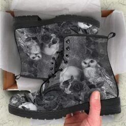 Raven Owl Skull Goth Boots, Vegan Women's Boots, FREE Shipping -Vintage Veil Clothing Store REG88GothicRavenSkullOwlbootsgrey4