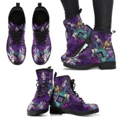 Alice In Wonderland Purple Damask Vegan Women's Boots, FREE Shipping -Vintage Veil Clothing Store REG94AAIWpurpledamask