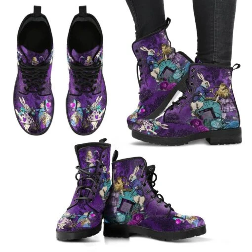 Alice In Wonderland Purple Damask Vegan Women's Boots, FREE Shipping - Image 4