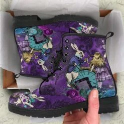 Alice In Wonderland Purple Damask Vegan Women's Boots, FREE Shipping -Vintage Veil Clothing Store REG94AALICEPURPLEDAMASK4