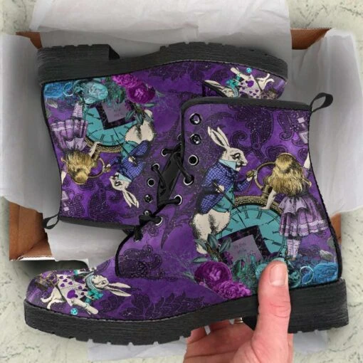 Alice In Wonderland Purple Damask Vegan Women's Boots, FREE Shipping - Image 3