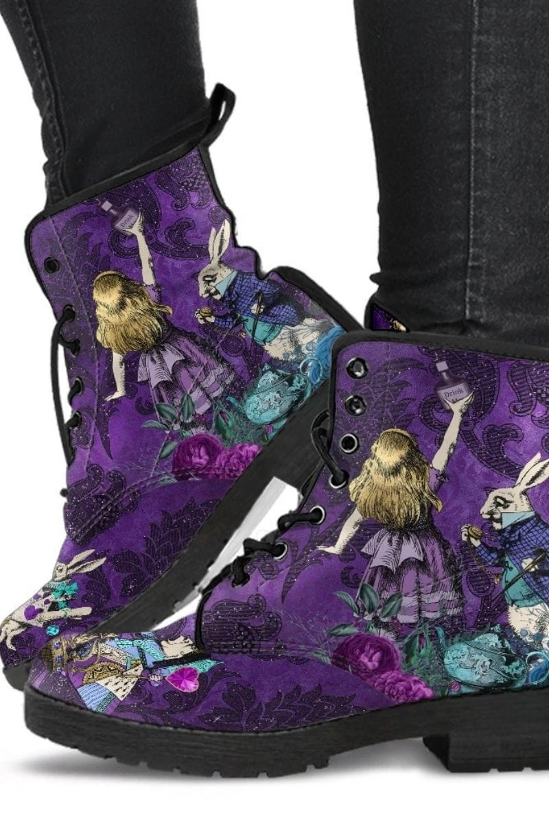 Alice In Wonderland Purple Damask 2, Vegan Women's Boots, FREE Shipping 3 Alice In Wonderland Purple Damask 2, Vegan Women's Boots, FREE Shipping