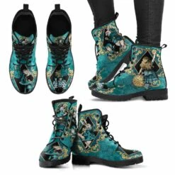 Teal Alice In Wonderland Vegan Women's Boots, FREE Shipping -Vintage Veil Clothing Store REGAG13