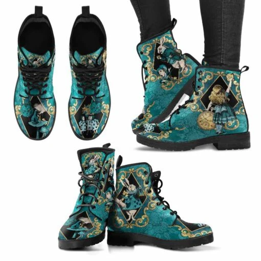 Teal Alice In Wonderland Vegan Women's Boots, FREE Shipping - Image 4
