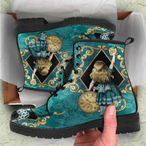 Teal Alice In Wonderland Vegan Women's Boots, FREE Shipping - Image 2