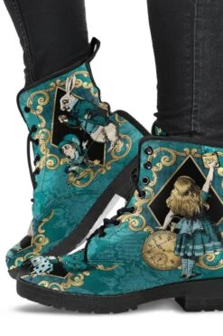 Teal Alice In Wonderland Vegan Women's Boots, FREE Shipping
