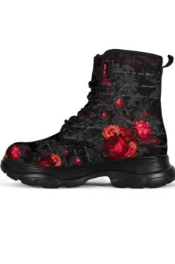 Red Roses French Script Chunky Boots, FREE Shipping