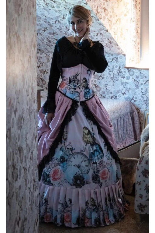 Alice In Wonderland Pink & Black Victorian Corset Gown - Image 4