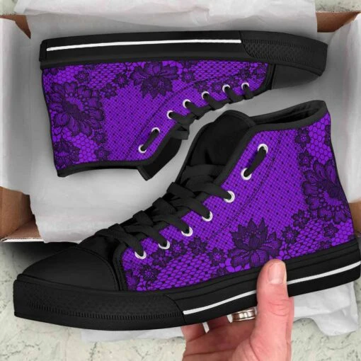 Purple Floral Lace High Top Sneakers, FREE Shipping - Image 2