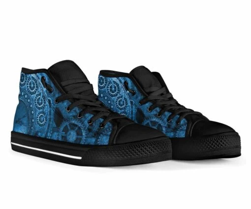 Blue Steampunk Clockwork, Men's High Top Sneakers, FREE Shipping - Image 3