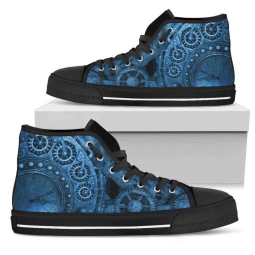 Blue Steampunk Clockwork, Men's High Top Sneakers, FREE Shipping - Image 2