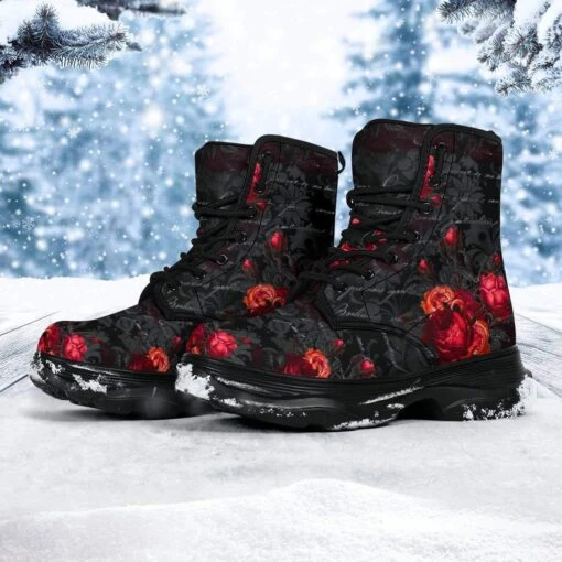 Red Roses French Script Chunky Boots, FREE Shipping - Image 3