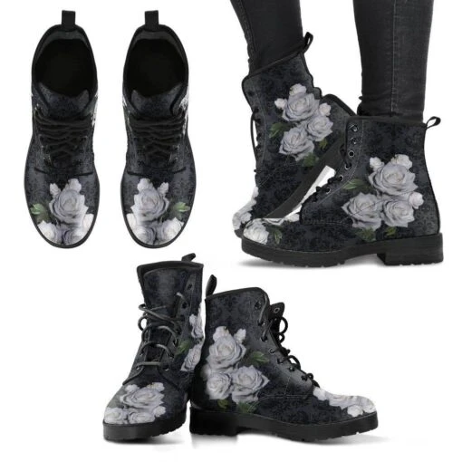 Gothic White Roses Vegan Boots, FREE Shipping - Image 4