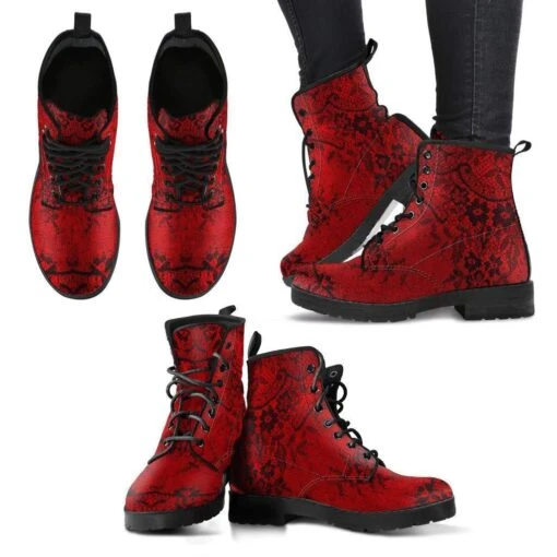 Red + Black Gothic Lace Print Vegan Boots, FREE Shipping - Image 5