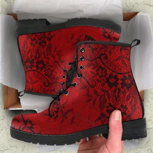 Red + Black Gothic Lace Print Vegan Boots, FREE Shipping - Image 4
