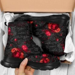 Red Roses French Script Chunky Boots, FREE Shipping -Vintage Veil Clothing Store front 6 1024x1024 2x 8a924bd9 8163 40c5 856a 0585b6cac6ef