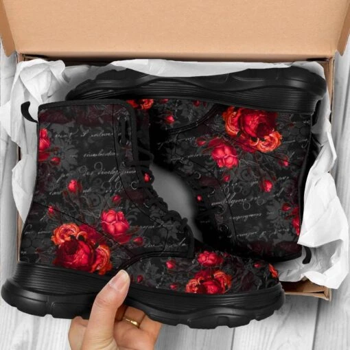 Red Roses French Script Chunky Boots, FREE Shipping - Image 6