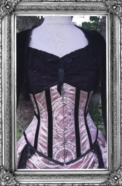 Renaissance Brocade Corset & Victorian Bustle Skirt Set, 26" Corset -Vintage Veil Clothing Store pink broc corset front fram