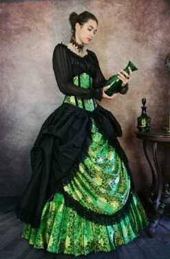 Emerald Majestica Palace Gown -Vintage Veil Clothing Store side front w bottle