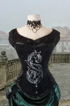 The Potion Mistress Corset, Custom Sized -Vintage Veil Clothing Store slyth venus black front 1