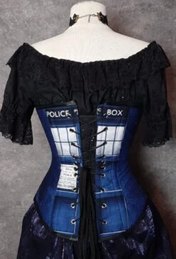 Police Box Corset, Denim Look -Vintage Veil Clothing Store tardis overbust back