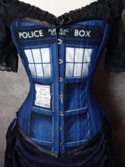 Police Box Corset, Denim Look -Vintage Veil Clothing Store tardis overbust close