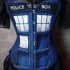 Police Box Corset, Denim Look -Vintage Veil Clothing Store tardis overbust closeup