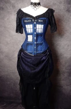 Police Box Corset, Denim Look -Vintage Veil Clothing Store tardis overbust front FL