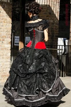 Black Rose TOC Corset, One Only, 20" -Vintage Veil Clothing Store wm Black Rose Ensemble with bustle back close 800x1200
